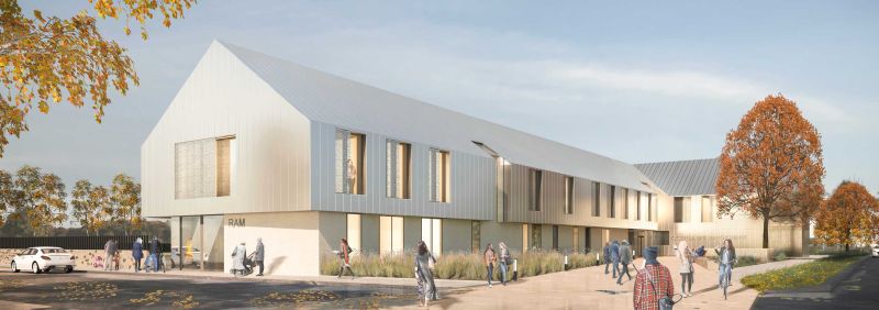 Vue 3D du nouveau siège communautaire pour la Brie Nangissienne, vue globale de profil en extérieur